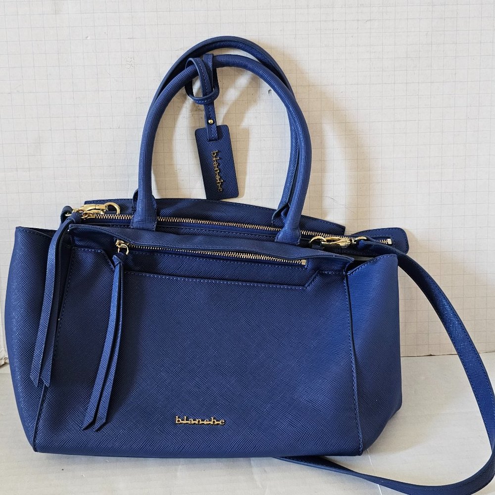 Blanche Beautiful Blue Leather Shoulder hand Bag Handle Gold Tone Hardware Tote